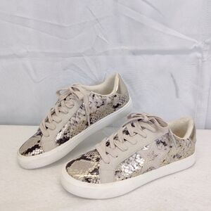 'Philosophy' Platform Sneakers Women Sz 7.5 Snakeskin Print Gold, White Like New
